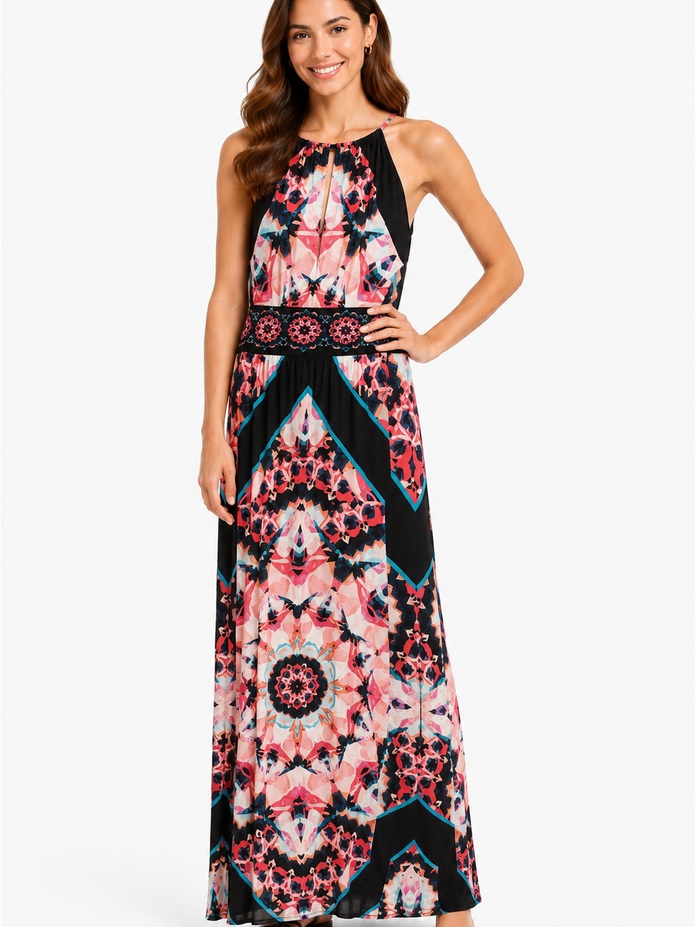 London Times Black, Pink & Teal Floral Halter Maxi Dress